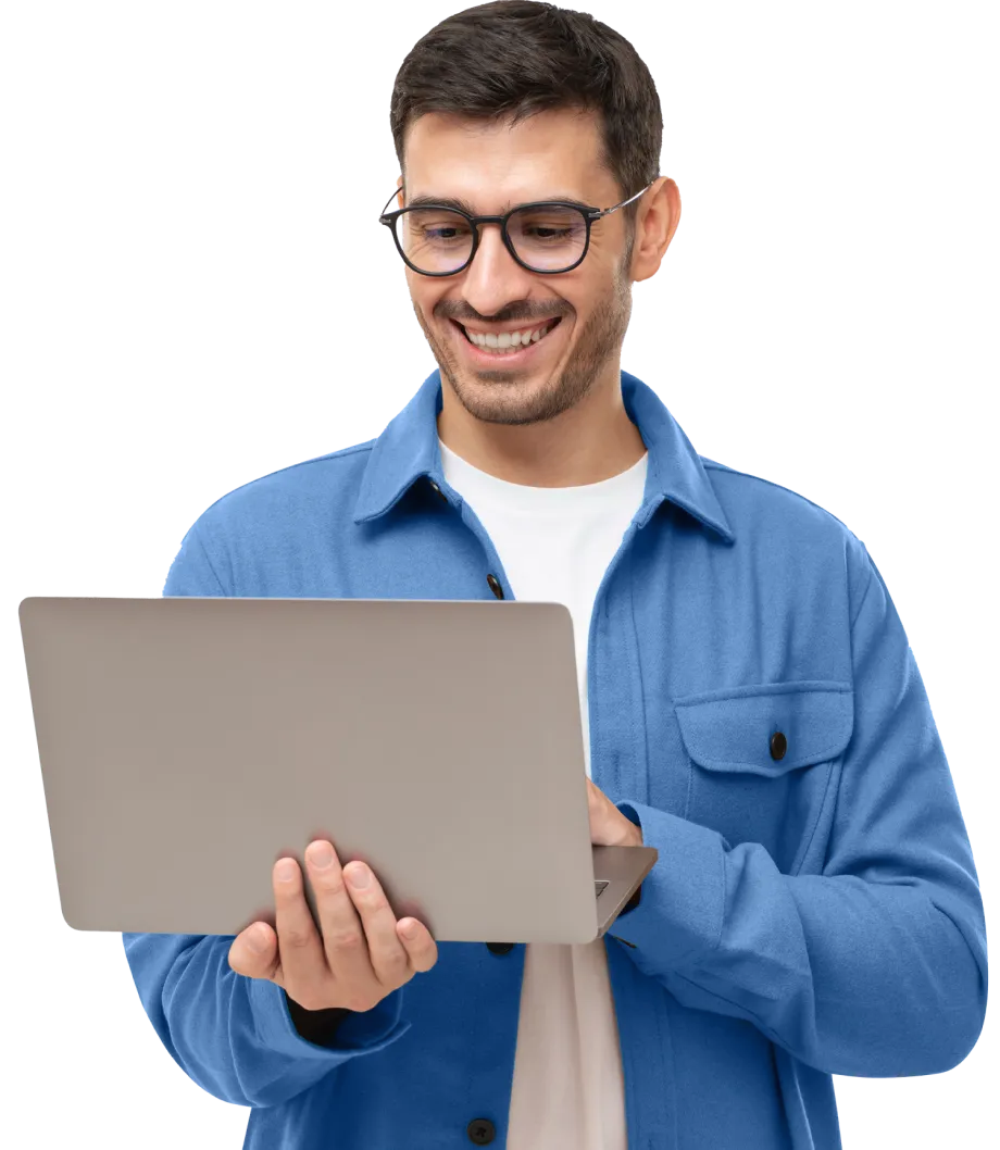 man standing with opened laptop